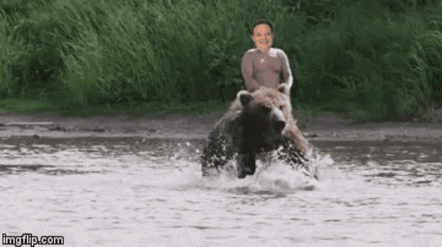 a man is riding on the back of a bear in a river .