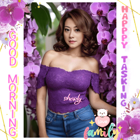 a picture of a woman in a purple top says good morning happy tasking