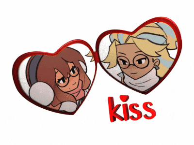 a couple of hearts with the word kiss in the middle