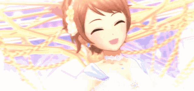 a close up of a anime girl wearing a white dress and earrings