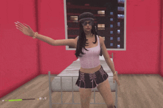 a woman in a pink tank top and black skirt is dancing in a bedroom