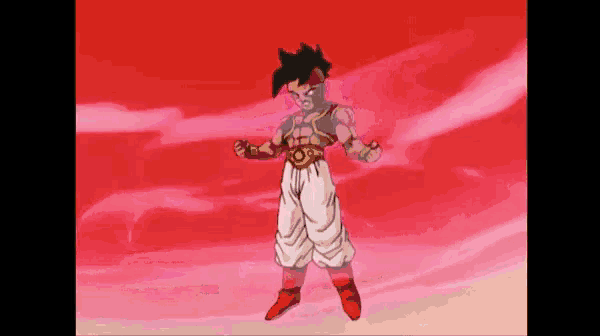 a cartoon character from dragon ball z is standing in front of a pink background .