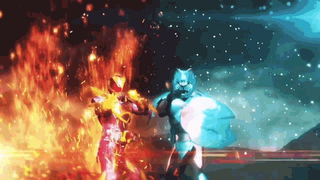 a cartoon character is standing in front of a fire and a cartoon character is standing in front of a fire