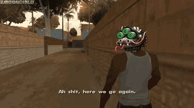 a video game character with a monster on his head says ah shit here we go again