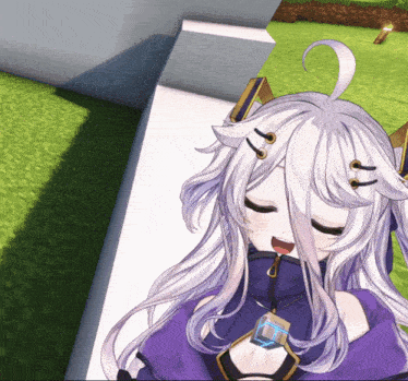 a girl with white hair and a purple top is laying down
