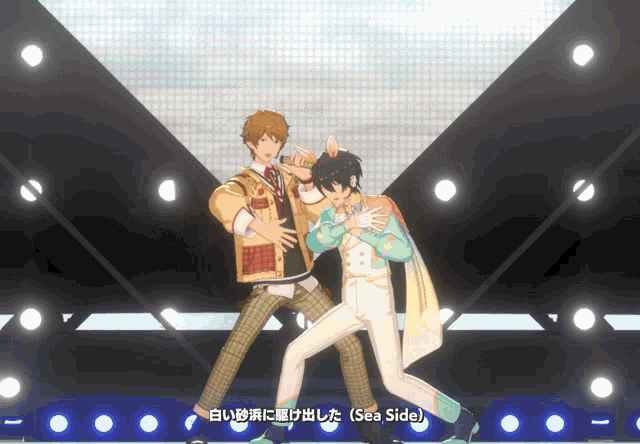 a couple of anime characters on a stage with sea side written below them