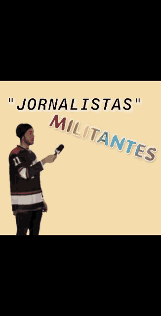 a man is squatting down with the words " jornalistas " written on the bottom