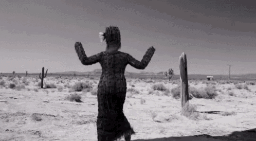 a black and white photo of a woman in a cactus costume standing in the desert .