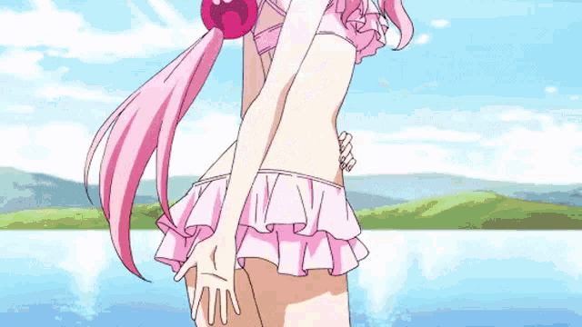 a pink haired anime girl in a bikini is standing on a beach