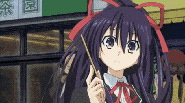 a girl with purple hair and a red bow is holding a stick