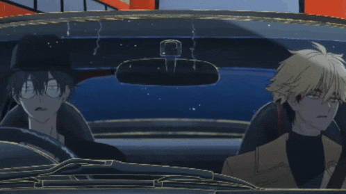 two anime characters are sitting in a car with a rear view mirror hanging from the ceiling
