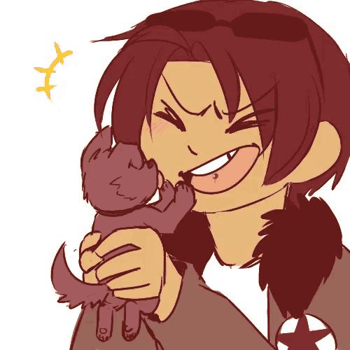 a cartoon drawing of a man holding a cat