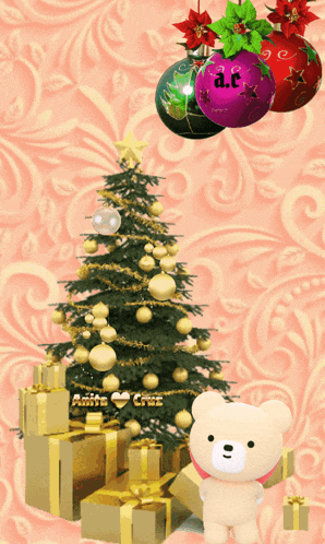 a teddy bear is standing in front of a christmas tree and gifts