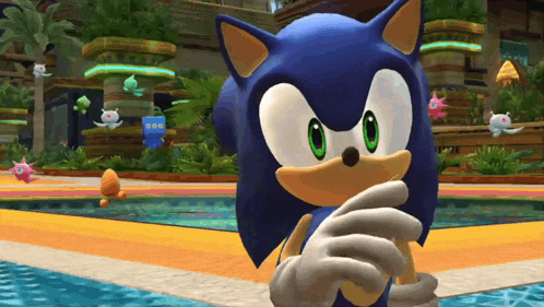 sonic the hedgehog is standing in front of a pool in a video game scene