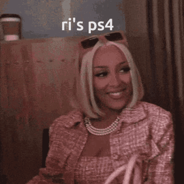 a woman in a pink jacket is smiling with the words ri 's ps4 written above her
