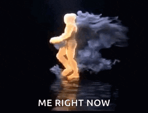 a silhouette of a person walking in the water with the words `` me right now '' above it .