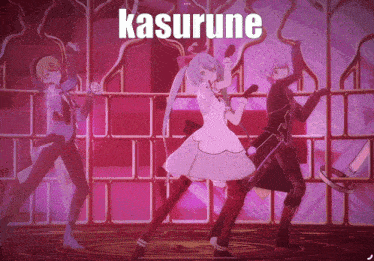 a group of anime characters are dancing with the word kasurune written above them