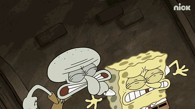 a cartoon of spongebob and squidward with the nick logo in the corner