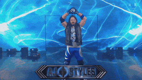 aj styles is standing in front of a blue lightning storm