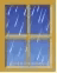 a window with a blue sky and snow falling through it .