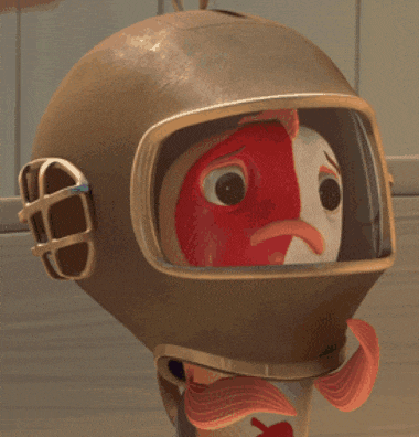 a cartoon character wearing a helmet with a red and white chicken inside