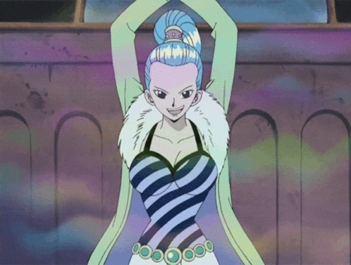 a cartoon character with blue hair and a striped top