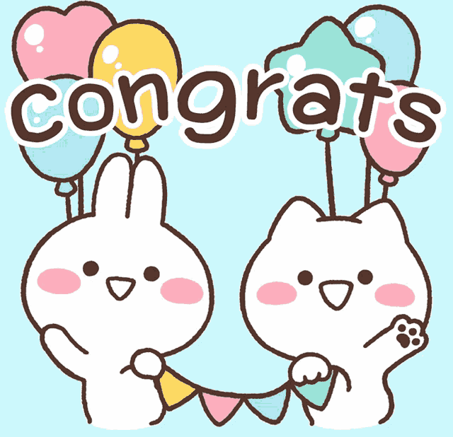 a cat and a rabbit are holding balloons and the words congrats are above them