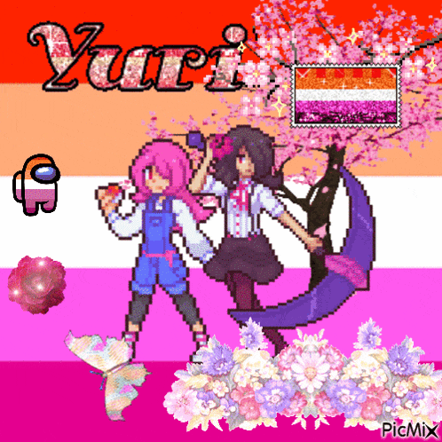 a pixel art of two girls with yuri written on the bottom