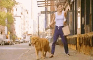 a man is walking a dog down a sidewalk in front of a building with a sign that says justice