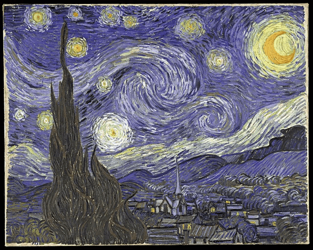 a painting of a starry night sky with a crescent moon and trees