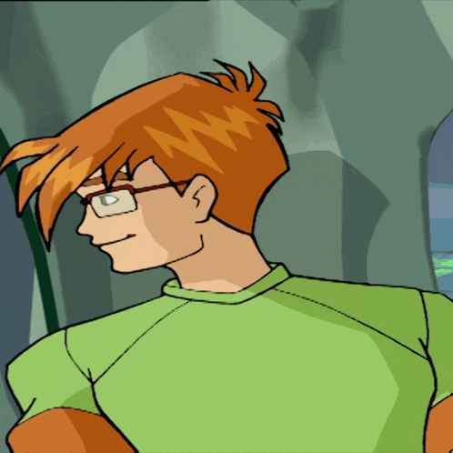 a cartoon drawing of a man with red hair and glasses