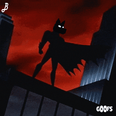 a cartoon of a wolf dressed as batman standing on a roof