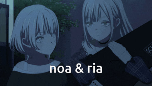 two anime girls are standing next to each other and the words noa & ria are visible