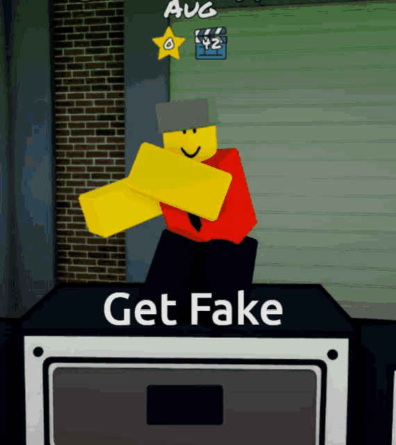 a cartoon character with the words get fake on it