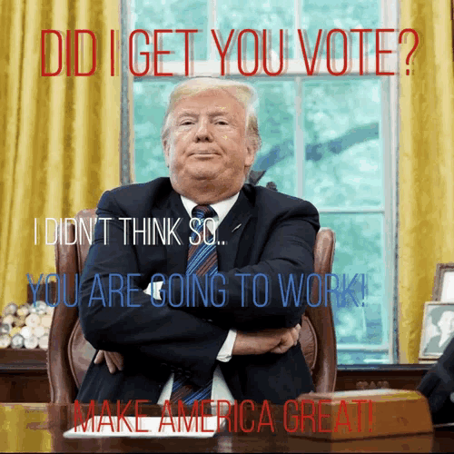 donald trump is sitting at a desk with his arms crossed and the words did i get you vote