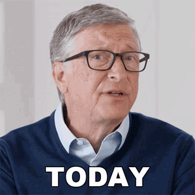a man wearing glasses and a blue sweater says " today "