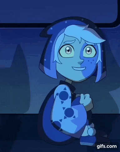 a blue cartoon character is sitting down and waving .