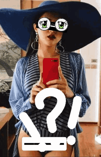 a woman taking a picture of herself with a question mark in front of her