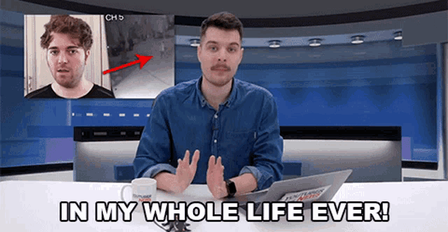 a man sitting at a desk with the words in my whole life ever on the bottom