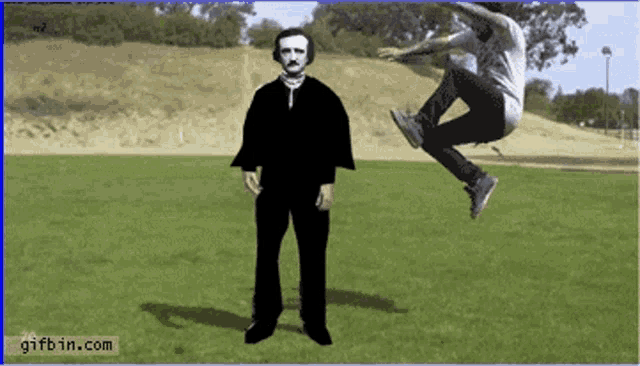 a man is jumping in the air in front of a man dressed as edgar hopper