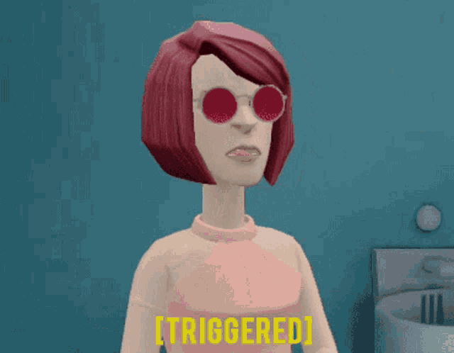 a cartoon character with red hair and red sunglasses says triggered