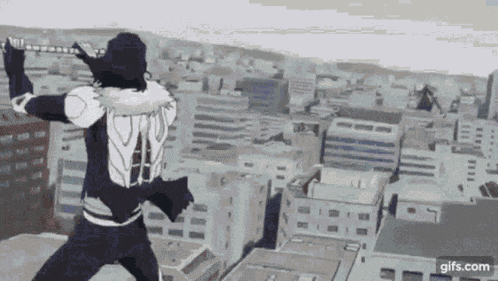 a man in a superhero costume is jumping over a city skyline .