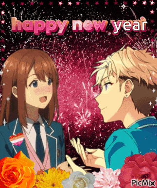 a picture of a boy and a girl with the words happy new year in the background