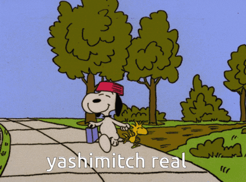 a cartoon of snoopy and woodstock walking down a sidewalk with the words yashimitch real on the bottom