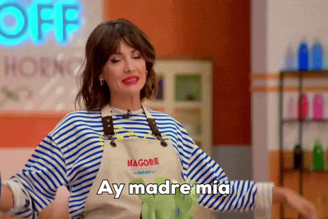 a woman wearing a striped shirt and an apron that says nagore on it