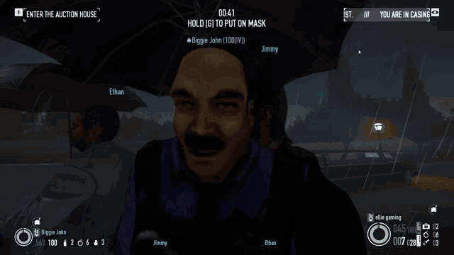 a screenshot of a video game shows a bald man with a mask on