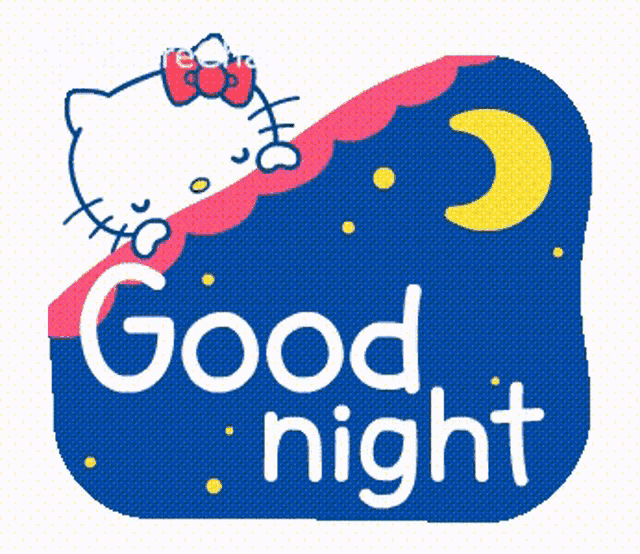 a hello kitty sign that says good with a crescent moon in the background