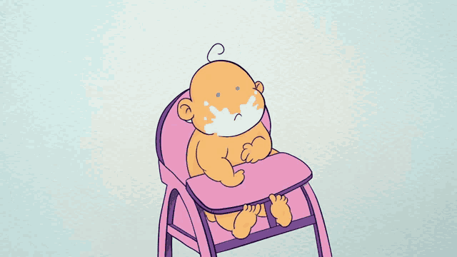 a cartoon baby is crying while sitting in a high chair