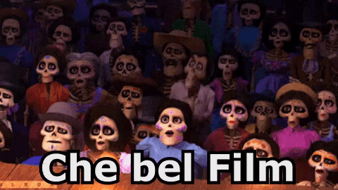 a crowd of skeletons with the words che bel film written on the top