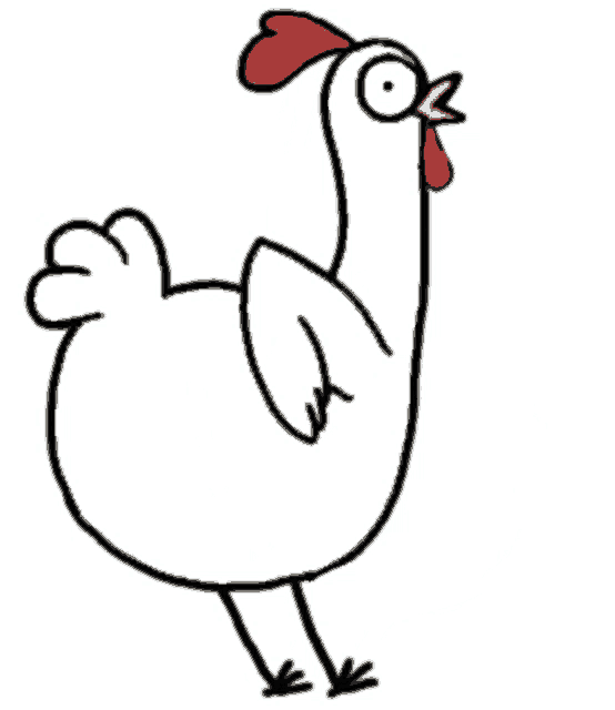 a black and white drawing of a chicken with a red crest and a yellow beak